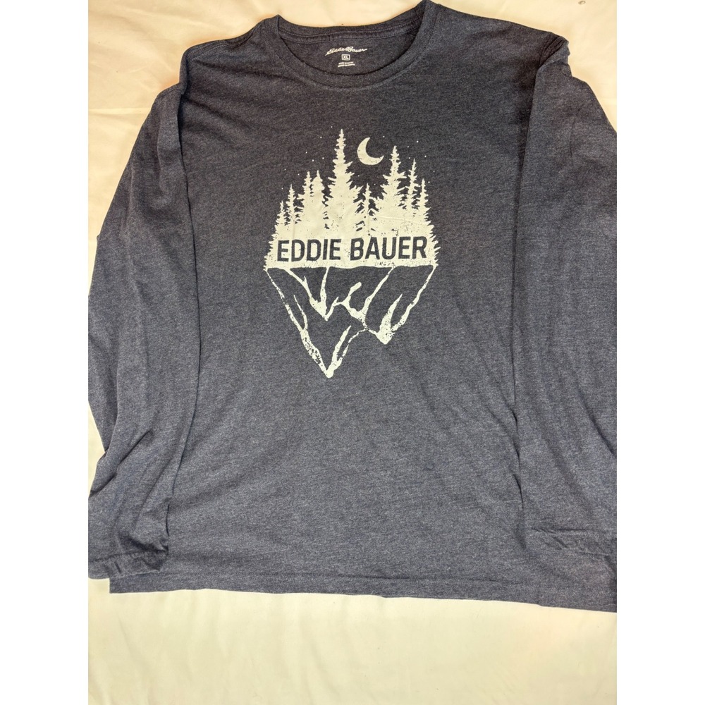 Eddie Bauer Mens XL Long Sleeve Graphic T-Shirt Charcoal Gray Mountain Moon Tree